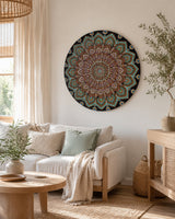 Empress Energy round dot mandala wall art styled in a bright natural sitting room by Sweet Lilly Loves