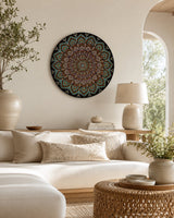 Empress Energy original mandala artwork displayed above a soft neutral sofa by Sweet Lilly Loves