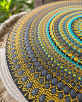Close-up detail of Golden Eclipse teal, gold and black hand-painted dot mandala artwork by Sweet Lilly Loves