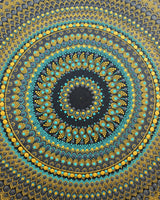 Close-up of Golden Eclipse original teal, gold and black dot mandala artwork by Sweet Lilly Loves