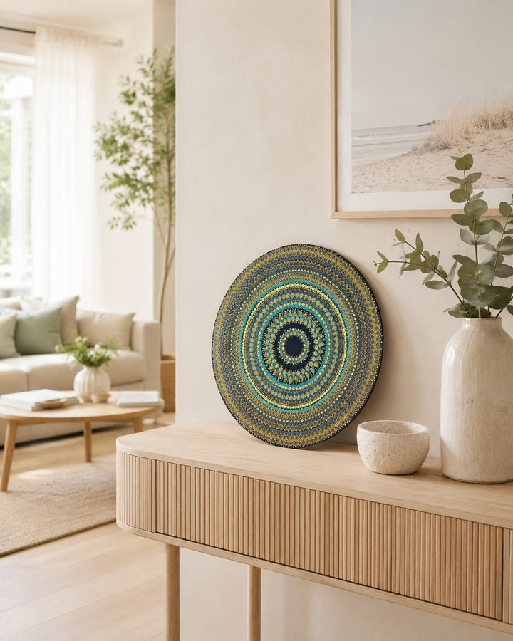 Golden Eclipse original teal, gold and black dot mandala artwork displayed on a light timber console by Sweet Lilly Loves