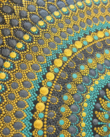 Macro close-up of Golden Eclipse hand-painted teal, gold and black dot pattern by Sweet Lilly Loves