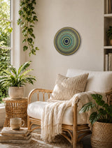 Golden Eclipse original hand-painted mandala artwork displayed in a calm bedroom corner by Sweet Lilly Loves
