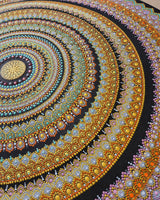 Close-up detail of Golden Orange Orb orange, teal and gold hand-painted dot mandala artwork by Sweet Lilly Loves