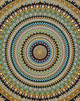 Close-up of Golden Orange Orb original circular orange, teal and gold dot mandala artwork by Sweet Lilly Loves