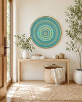Inner Pulse original hand-painted mandala artwork displayed above a timber console in a bright hallway by Sweet Lilly Loves