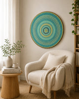 Inner Pulse hand-painted round mandala artwork displayed above a cosy neutral armchair by Sweet Lilly Loves