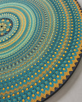 Detailed close-up of Inner Pulse turquoise, blue and gold dot mandala pattern by Sweet Lilly Loves