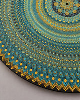Close-up of Inner Pulse original turquoise and gold circular dot mandala artwork by Sweet Lilly Loves