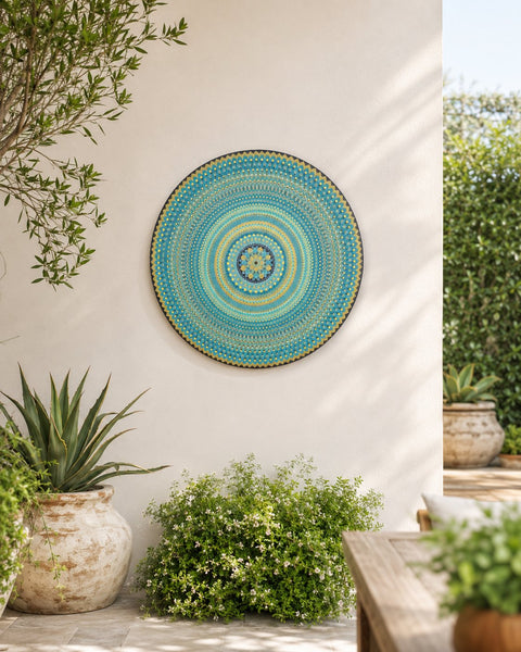 Inner Pulse original turquoise and gold dot mandala artwork displayed on a light outdoor wall by Sweet Lilly Loves