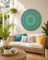 Inner Pulse round dot mandala wall art displayed above a soft neutral outdoor lounge by Sweet Lilly Loves