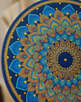 Close-up of Just Blooming Golden Blue with blue, gold and black floral mandala detail by Sweet Lilly Loves
