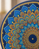 Close-up detail of Just Blooming Golden Blue blue, gold and black hand-painted dot mandala artwork by Sweet Lilly Loves