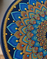 Macro close-up of Just Blooming Golden Blue original blue and gold dot mandala artwork by Sweet Lilly Loves