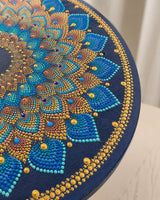 Detailed close-up of Just Blooming Golden Blue with gold circular dot mandala pattern by Sweet Lilly Loves