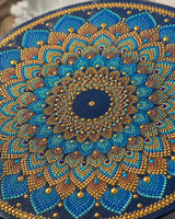 Close-up of Just Blooming Golden Blue original blue and gold dot mandala artwork by Sweet Lilly Loves