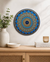 Just Blooming Golden Blue original blue and gold dot mandala artwork displayed above a light timber console by Sweet Lilly Loves