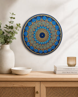 Just Blooming Golden Blue original blue and gold dot mandala artwork displayed above a light timber console by Sweet Lilly Loves