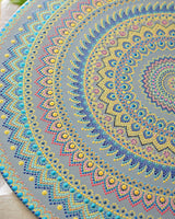 Close-up detail of Ocean Whisper blue, teal, gold and lavender hand-painted dot mandala artwork by Sweet Lilly Loves