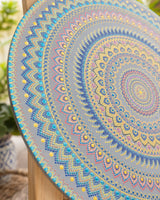 Detailed close-up of Ocean Whisper pastel blue, teal and gold circular dot mandala artwork by Sweet Lilly Loves