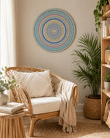 Ocean Whisper original round mandala artwork displayed above a soft neutral armchair by Sweet Lilly Loves