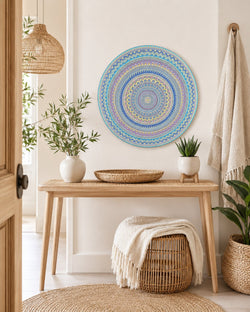 Ocean Whisper original blue, teal and gold dot mandala artwork displayed above a light timber console table by Sweet Lilly Loves