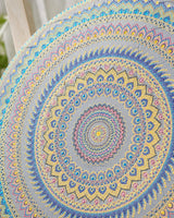 Detailed close-up of Ocean Whisper pastel blue, teal, gold and lavender dot mandala pattern by Sweet Lilly Loves