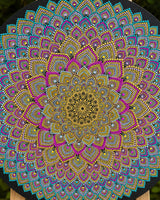 Close-up detail of Radiant Pulse, colorful hand-painted dot mandala artwork by Sweet Lilly Loves