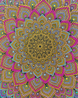 Detailed close-up of Radiant Pulse colourful pink, blue, green and gold dot mandala artwork by Sweet Lilly Loves