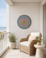 Radiant Pulse original round mandala artwork styled in a soft neutral balcony lounge by Sweet Lilly Loves