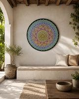 Radiant Pulse hand-painted dot mandala wall art displayed above a relaxed outdoor bench seat by Sweet Lilly Loves