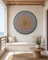 Radiant Pulse original round mandala artwork displayed above a light neutral sofa by Sweet Lilly Loves