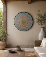 Radiant Pulse original dot mandala artwork displayed on a soft neutral living room wall by Sweet Lilly Loves