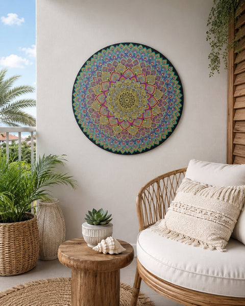 Radiant Pulse original hand-painted dot mandala artwork displayed in a light outdoor lounge space by Sweet Lilly Loves