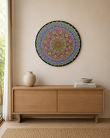 Radiant Pulse original hand-painted dot mandala artwork displayed above a natural timber console by Sweet Lilly Loves