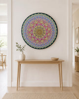 Radiant Pulse original round dot mandala wall art displayed above a slim timber entry table by Sweet Lilly Loves