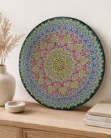 Radiant Pulse original colourful dot mandala artwork leaning on a timber console table by Sweet Lilly Loves