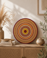 Sunset Warm Winter Fire round dot mandala artwork displayed on a timber console with warm neutral decor by Sweet Lilly Loves
