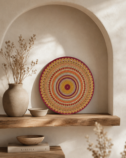 Sunset Warm Winter Fire original orange, red and gold dot mandala artwork displayed on a timber shelf in a soft arched niche by Sweet Lilly Loves