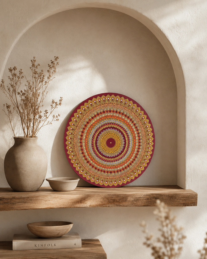 Sunset Warm Winter Fire original orange, red and gold dot mandala artwork displayed on a timber shelf in a soft arched niche by Sweet Lilly Loves