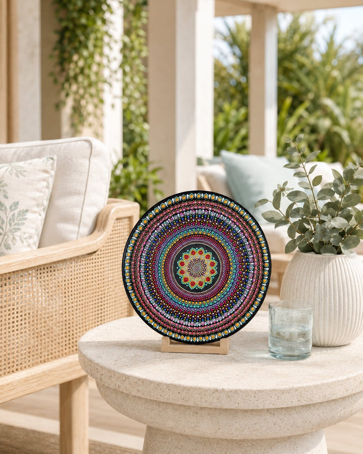 The Happy Centre original colourful dot mandala artwork displayed on a timber stand on a round stone side table by Sweet Lilly Loves