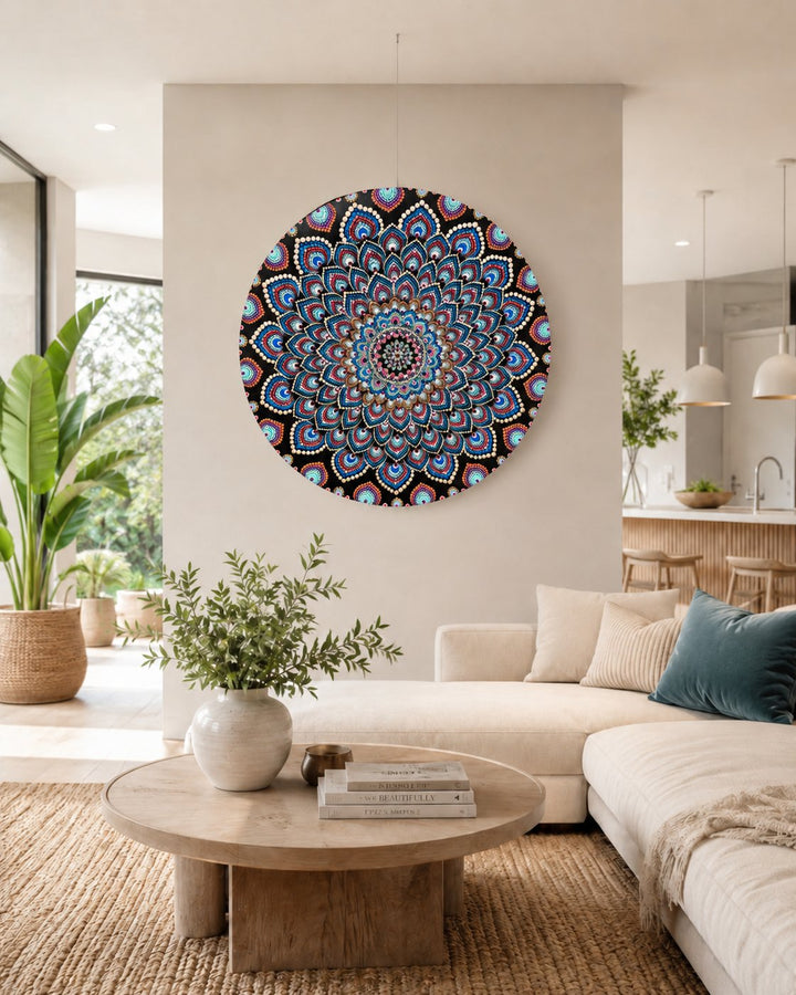 The Opulent Eye original blue and blush dot mandala artwork displayed above a soft neutral lounge by Sweet Lilly Loves