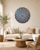 The Opulent Eye round dot mandala wall art displayed in a bright outdoor lounge space by Sweet Lilly Loves