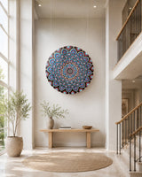 The Opulent Eye original hand-painted mandala artwork displayed on a light interior wall beside open shelving by Sweet Lilly Loves