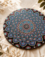 Close-up detail of The Opulent Eye blue, blush and gold hand-painted dot mandala artwork by Sweet Lilly Loves