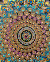 Close-up detail of The Peacock Empress blue, teal, pink and gold hand-painted dot mandala artwork by Sweet Lilly Loves