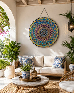 The Peacock Empress original blue, pink, teal and gold dot mandala artwork displayed above a light outdoor lounge by Sweet Lilly Loves
