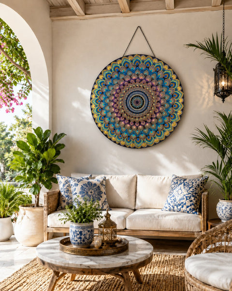 The Peacock Empress original blue, pink, teal and gold dot mandala artwork displayed above a light outdoor lounge by Sweet Lilly Loves