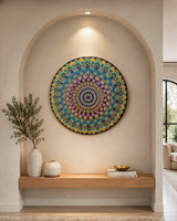 The Peacock Empress original hand-painted mandala artwork displayed in an arched wall niche by Sweet Lilly Loves