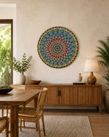 The Peacock Empress original hand-painted mandala artwork displayed above a timber sideboard in a bright dining space by Sweet Lilly Loves